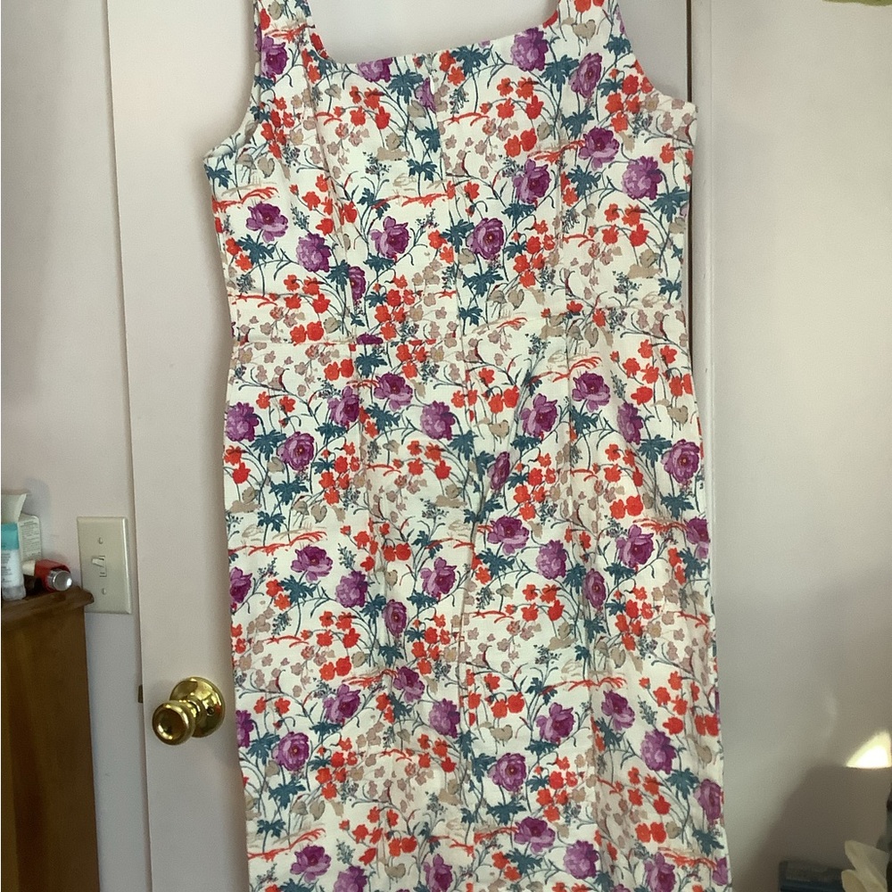 Ann Taylor Floral Midi Dress in White with Purple and Red Flowers